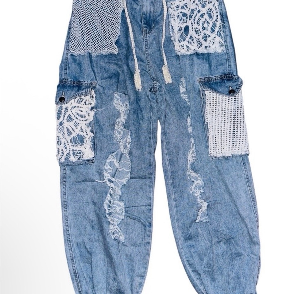 POL Light Blue Distressed Crochet Patch Boyfriend Jeans